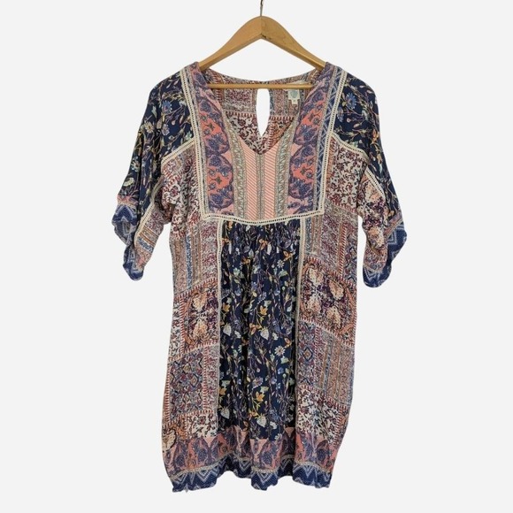 Sundance My Favorite Dress Patchwork Floral Boho Mini Navy Coral Medium - Picture 2 of 8